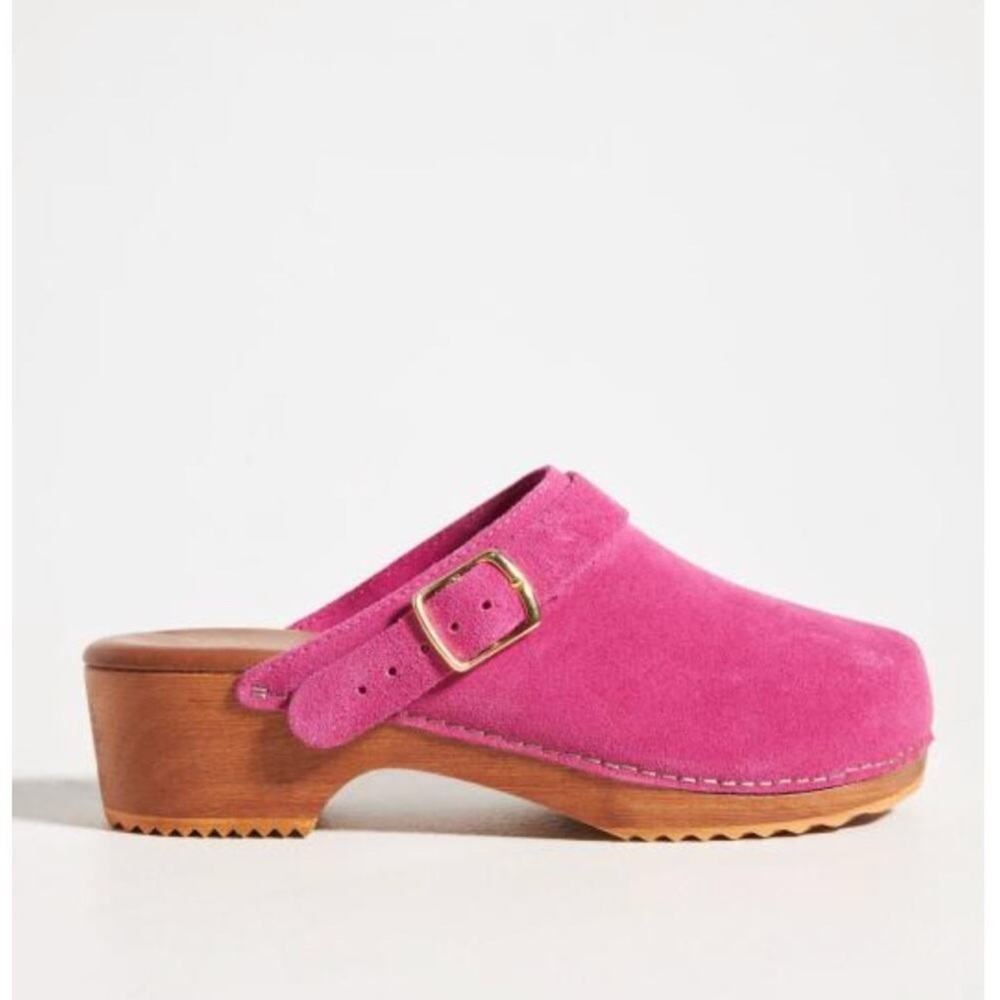 Anthropologie Pink Mules with Wooden Sole and Buckle Size 39